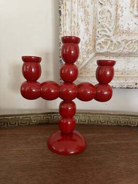 Vintage Mid-Century Red Swedish Bobbin Wood Candelabra Taper Holder